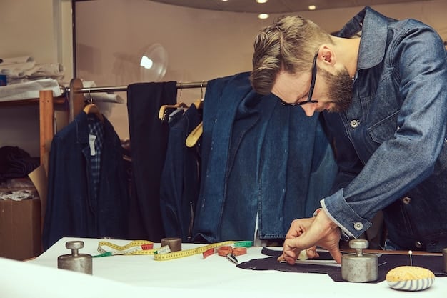 A tailor skillfully working on a streetwear jacket, emphasizing the precision and attention to detail involved in tailoring. The setting is a modern tailor shop with various tools and fabric samples in the background.