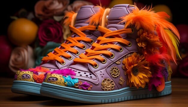 A close-up shot featuring a variety of brightly colored and uniquely designed statement sneakers. The sneakers are displayed on a clean, minimalist background to emphasize their bold colors and intricate detailing, suitable for showcasing trending streetwear footwear.