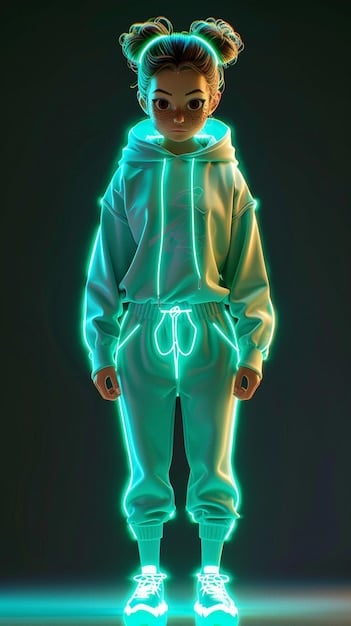 A digital illustration of a futuristic streetwear outfit featuring a hooded jacket with LED lights and augmented reality elements, paired with holographic sneakers and accessories, set against a backdrop of a virtual cityscape.