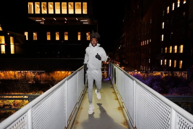 A person confidently striding through an urban setting, wearing a tech-integrated jacket with subtle LED displays, paired with comfortable yet stylish athleisure pants and sustainable sneakers. The image captures the blend of technology, sustainability, and comfort that defines the 2025 urban style shift.