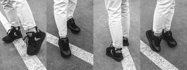 A split image showing a pair of versatile sneakers being worn in two different settings: on a hiking trail and at a casual outdoor cafe. This illustrates the adaptability of the sneakers for both active and relaxed occasions.