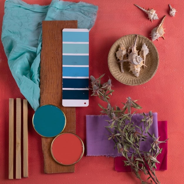 A mood board showcasing fabric swatches, paint samples, and digital color palettes featuring muted teal, deep mustard, concrete gray, electric blue, soft lavender, and rust orange, arranged creatively with overlapping elements and textured backgrounds.