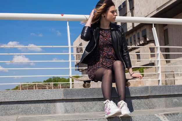 A close-up shot of a woman's legs wearing sleek black leggings and stylish white sneakers. The background is a blurred urban setting with bicycles and pedestrians.