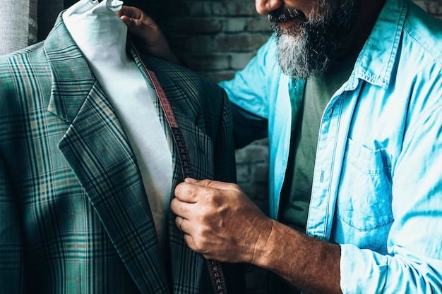 Close-up of a tailor adjusting the shoulder of a jacket on a mannequin. The tailor is meticulously pinning and adjusting the fabric to ensure a perfect fit. The scene is set in a bright, professional tailoring studio.