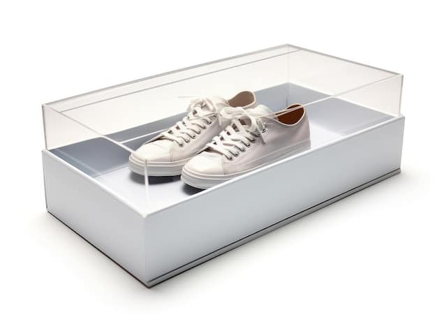 A close-up of a clear plastic sneaker storage box with ventilation holes, showcasing a pair of high-top sneakers inside. The focus is on the box's design and features.