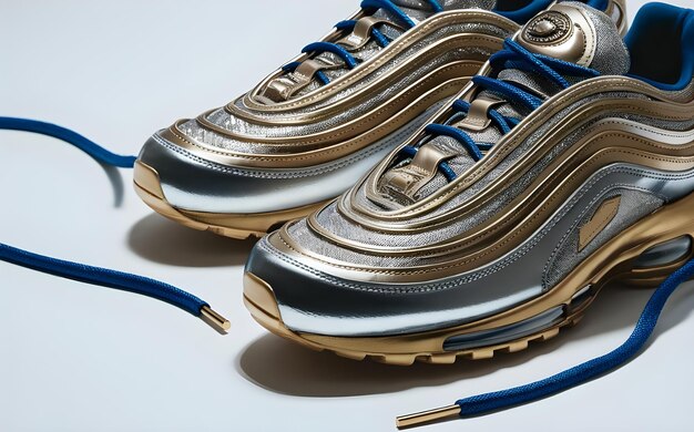 A close-up shot of the Nike Air Max 97 designed by Christian Tresser, emphasizing its wavy, metallic silver design and full-length Air Max cushioning. The sneaker is placed against a dark background to highlight its futuristic aesthetic.