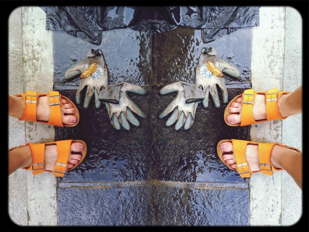 A split image showcasing traditional sneaker dyeing methods (left side) versus waterless dyeing techniques (right side), visually demonstrating the significant reduction in water usage and pollution.
