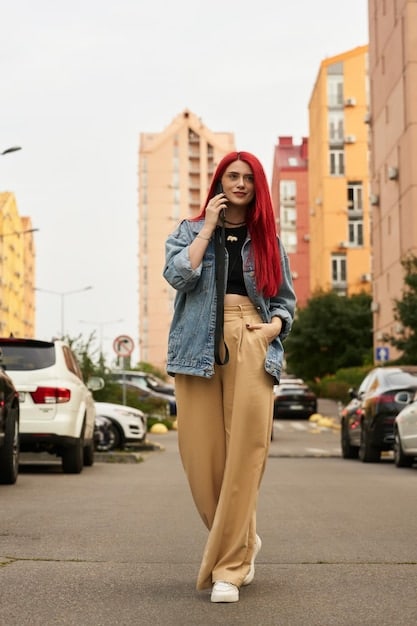A stylish woman in an urban setting, wearing an oversized cream-colored hoodie, flowing black wide-leg tailored trousers, and pristine white minimalist sneakers. She carries a small, structured handbag, and the overall look exudes understated elegance.