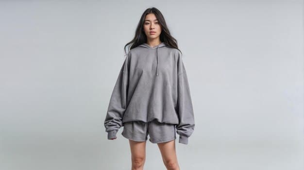 A woman wearing a light gray oversized hoodie pulled over a black satin midi skirt, paired with white chunky sneakers and a delicate silver necklace, illustrating a chic blend of comfort and feminine elegance.